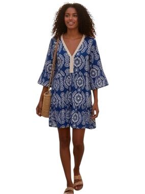 SAIPH Tiered Embroidered Dress L Blue